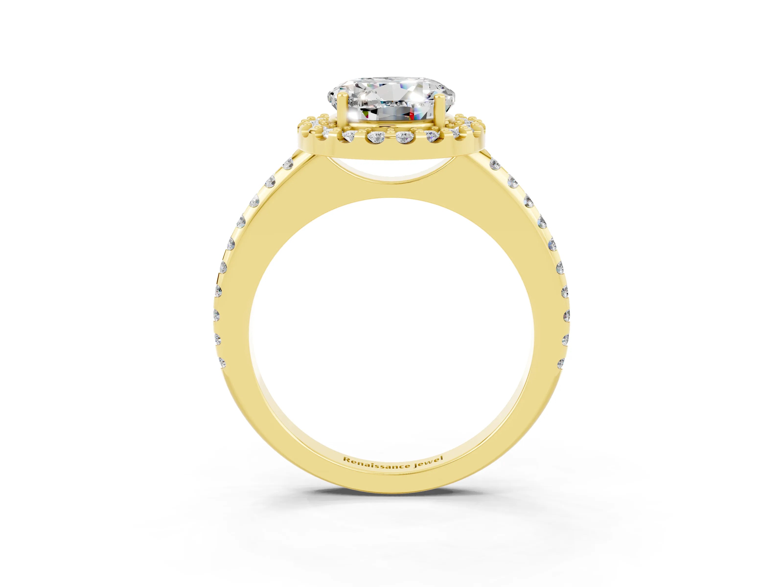 Yellow gold Round Cut Moissanite Pavé Halo Ring with Four-Prong Setting_15