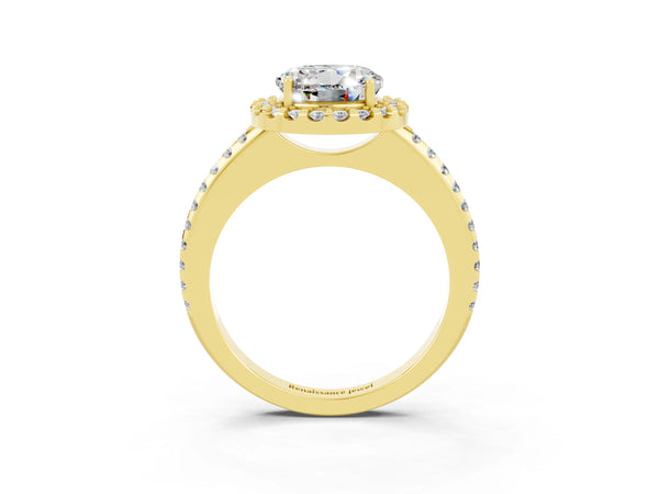 Yellow gold Round Cut Moissanite Pavé Halo Ring with Four-Prong Setting