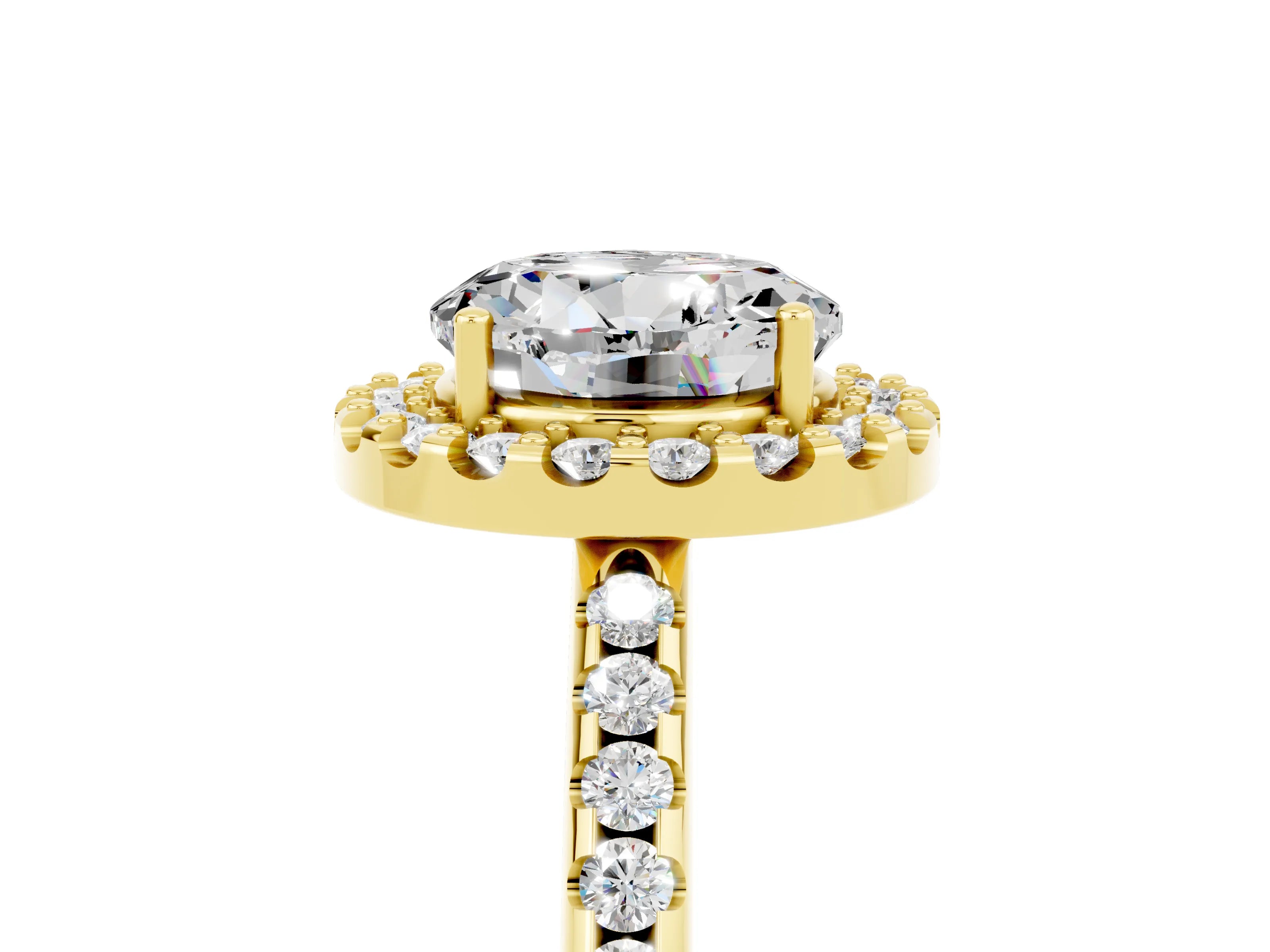 Yellow gold Round Cut Moissanite Pavé Halo Ring with Four-Prong Setting_17