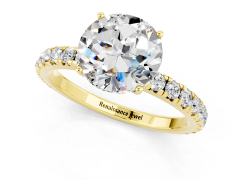 Yellow gold Round Cut Moissanite Pavé Solitaire Engagement Ring with Four-Prong Setting_13