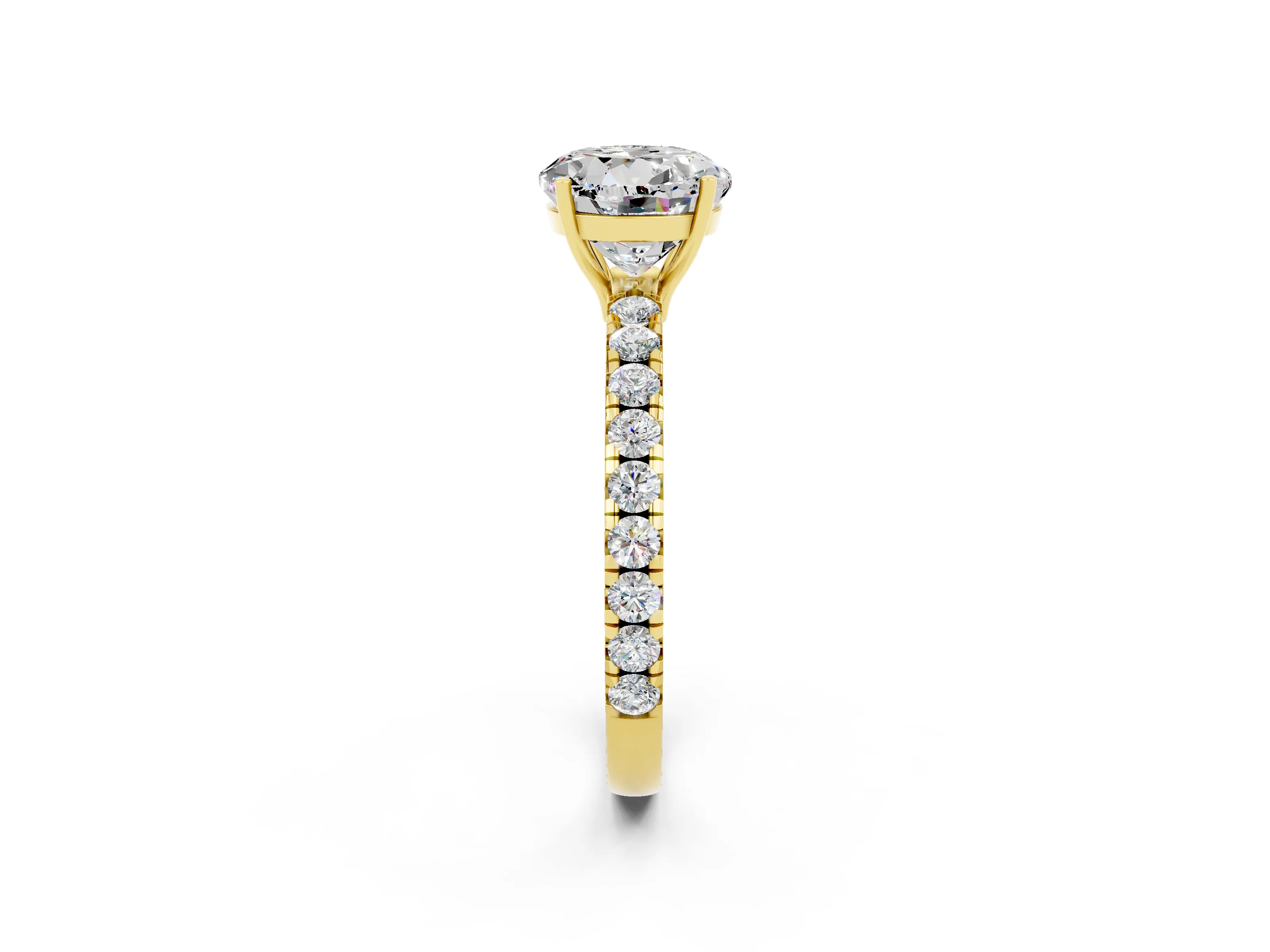 Yellow gold Round Cut Moissanite Pavé Solitaire Engagement Ring with Four-Prong Setting_14