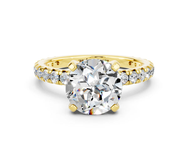 Yellow gold Round Cut Moissanite Pavé Solitaire Ring with Round Band and Prong Setting