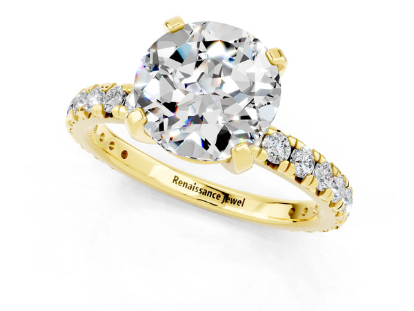 Yellow gold Round Cut Moissanite Pavé Solitaire Ring with Round Band and Prong Setting