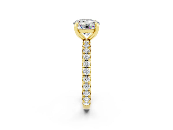 Yellow gold Round Cut Moissanite Pavé Solitaire Ring with Round Band and Prong Setting