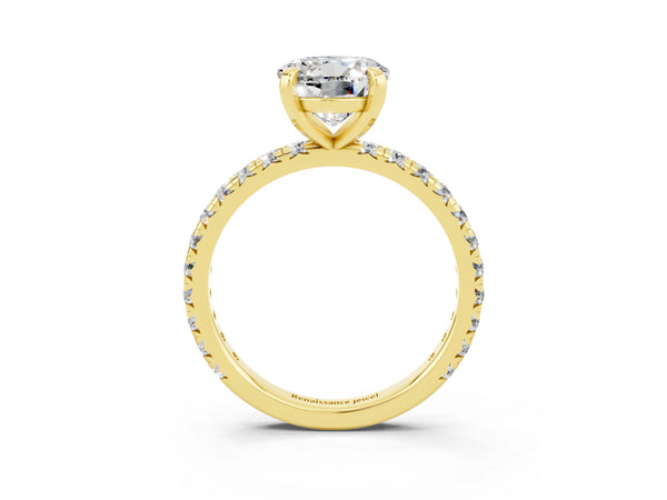 Yellow gold Round Cut Moissanite Pavé Solitaire Ring with Round Band and Prong Setting