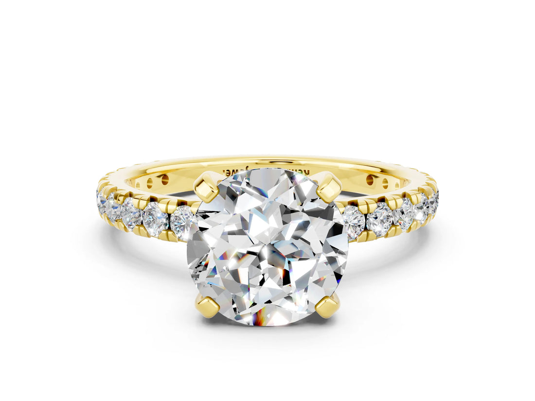 Yellow gold Round Cut Moissanite Pavé Solitaire Ring with Round Band and Prong Setting_24
