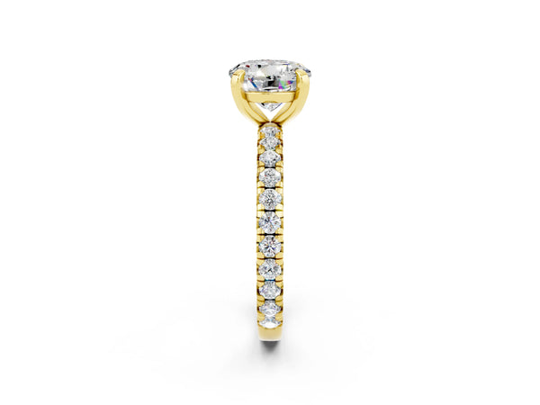 Yellow gold Round Cut Moissanite Pavé Solitaire Ring with Round Band and Prong Setting