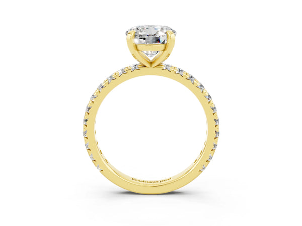 Yellow gold Round Cut Moissanite Pavé Solitaire Ring with Round Band and Prong Setting