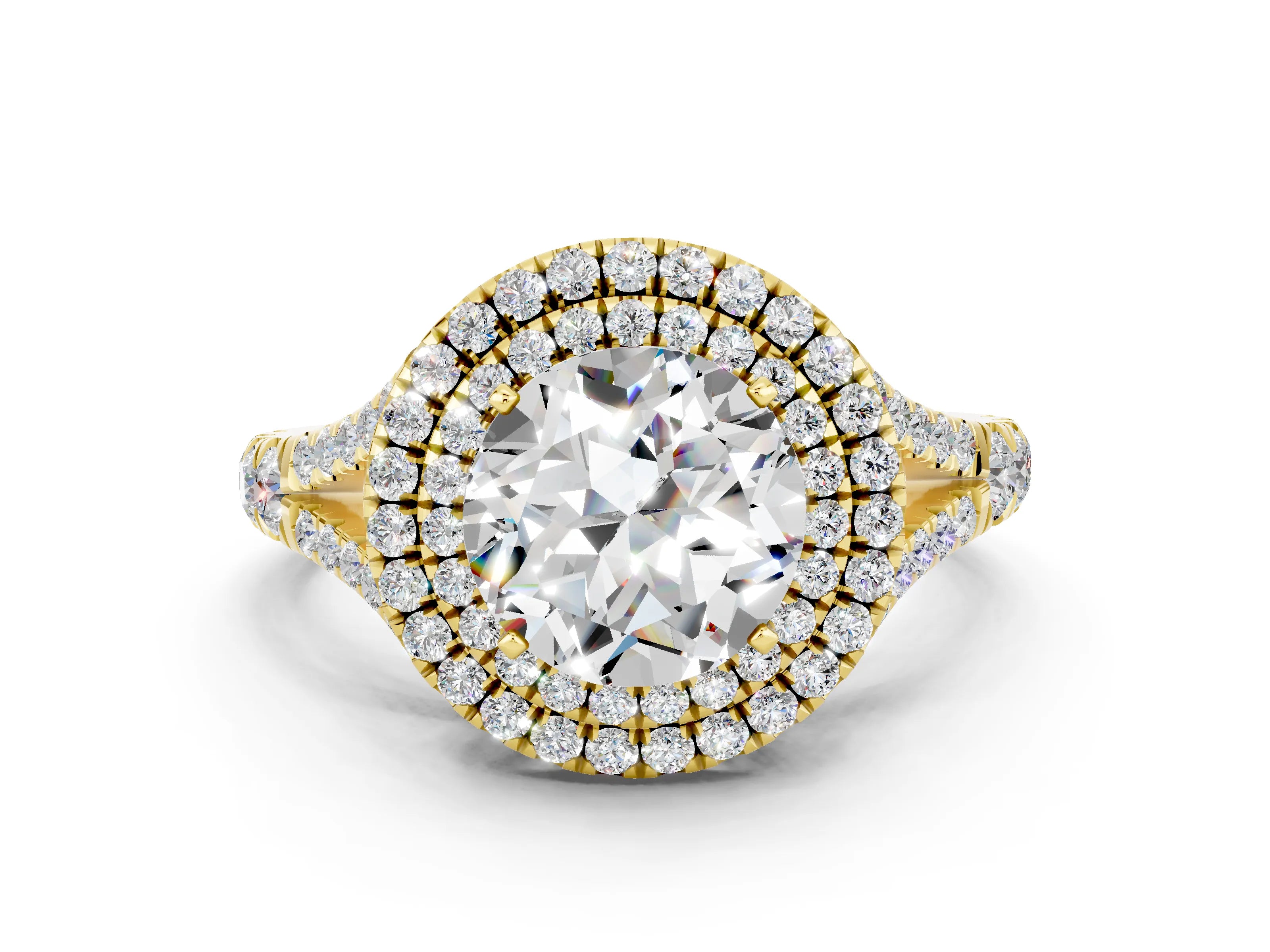 Yellow gold Round Cut Moissanite Pavé Split Shank Double Halo Engagement Ring