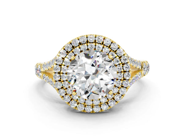 Yellow gold Round Cut Moissanite Pavé Split Shank Double Halo Engagement Ring