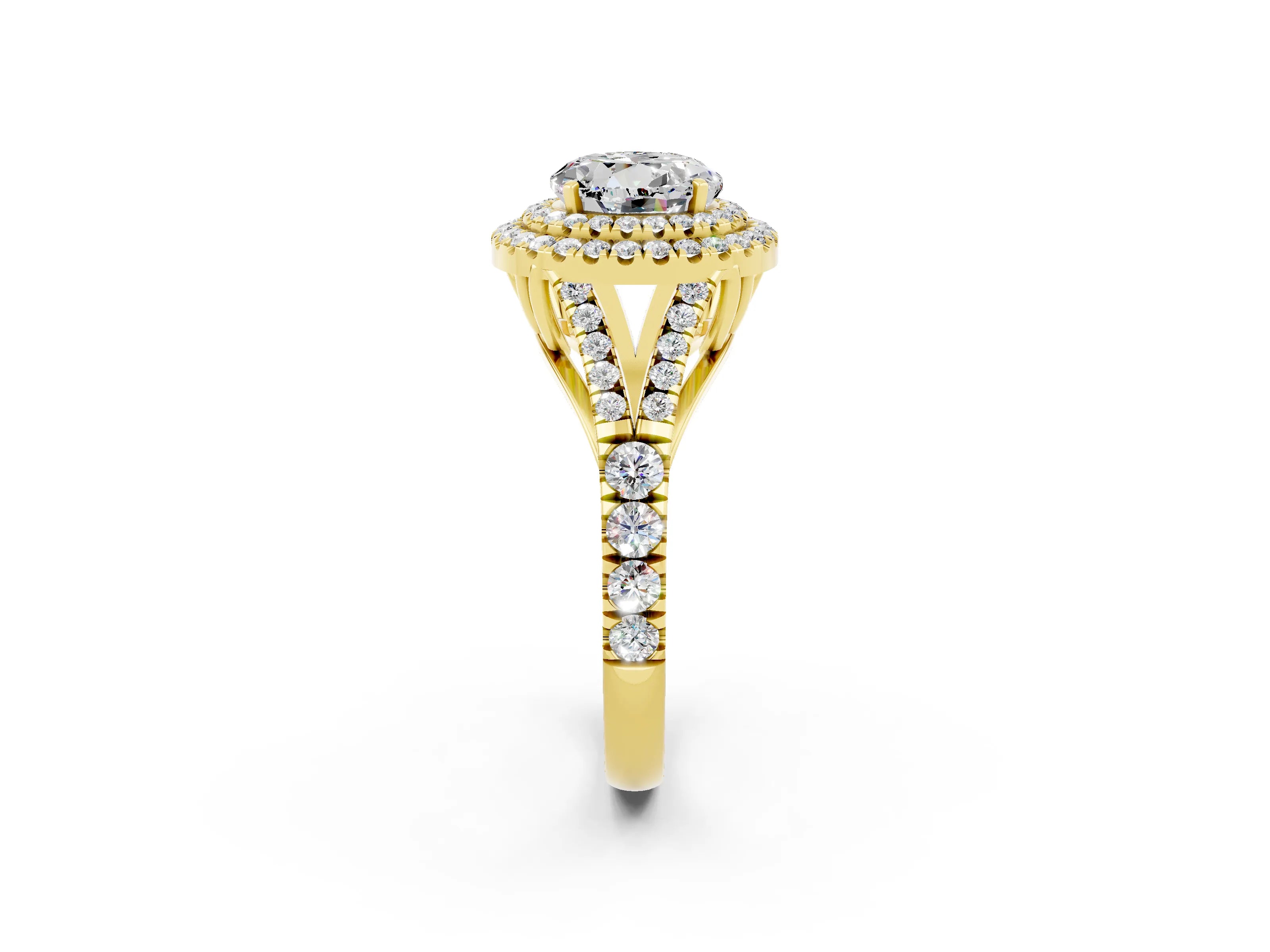 Yellow gold Round Cut Moissanite Pavé Split Shank Double Halo Engagement Ring_2