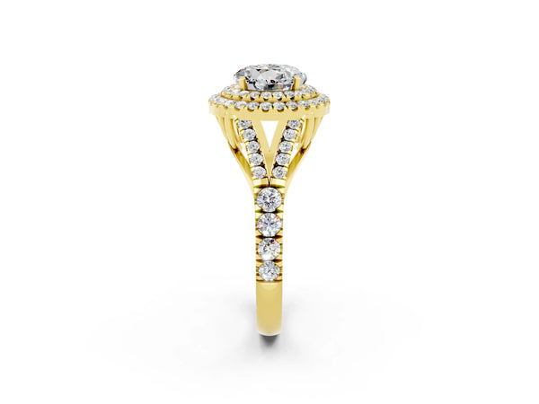 Yellow gold Round Cut Moissanite Pavé Split Shank Double Halo Engagement Ring