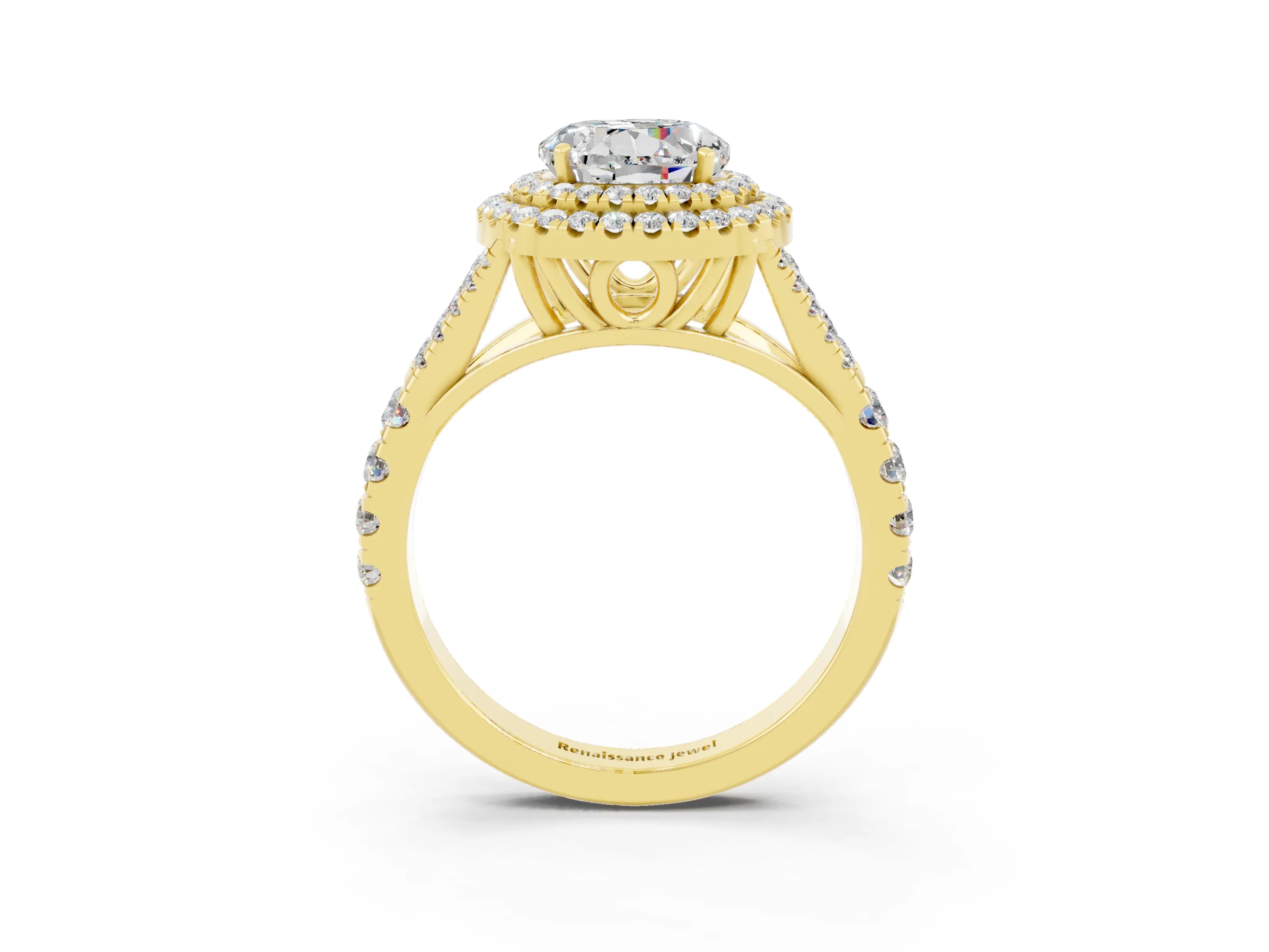 Yellow gold Round Cut Moissanite Pavé Split Shank Double Halo Engagement Ring_3