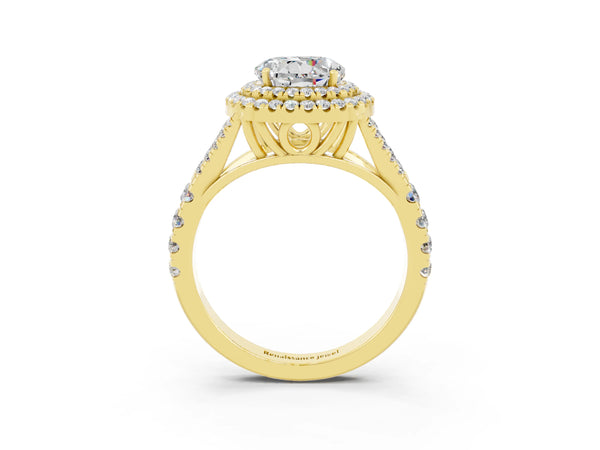 Yellow gold Round Cut Moissanite Pavé Split Shank Double Halo Engagement Ring