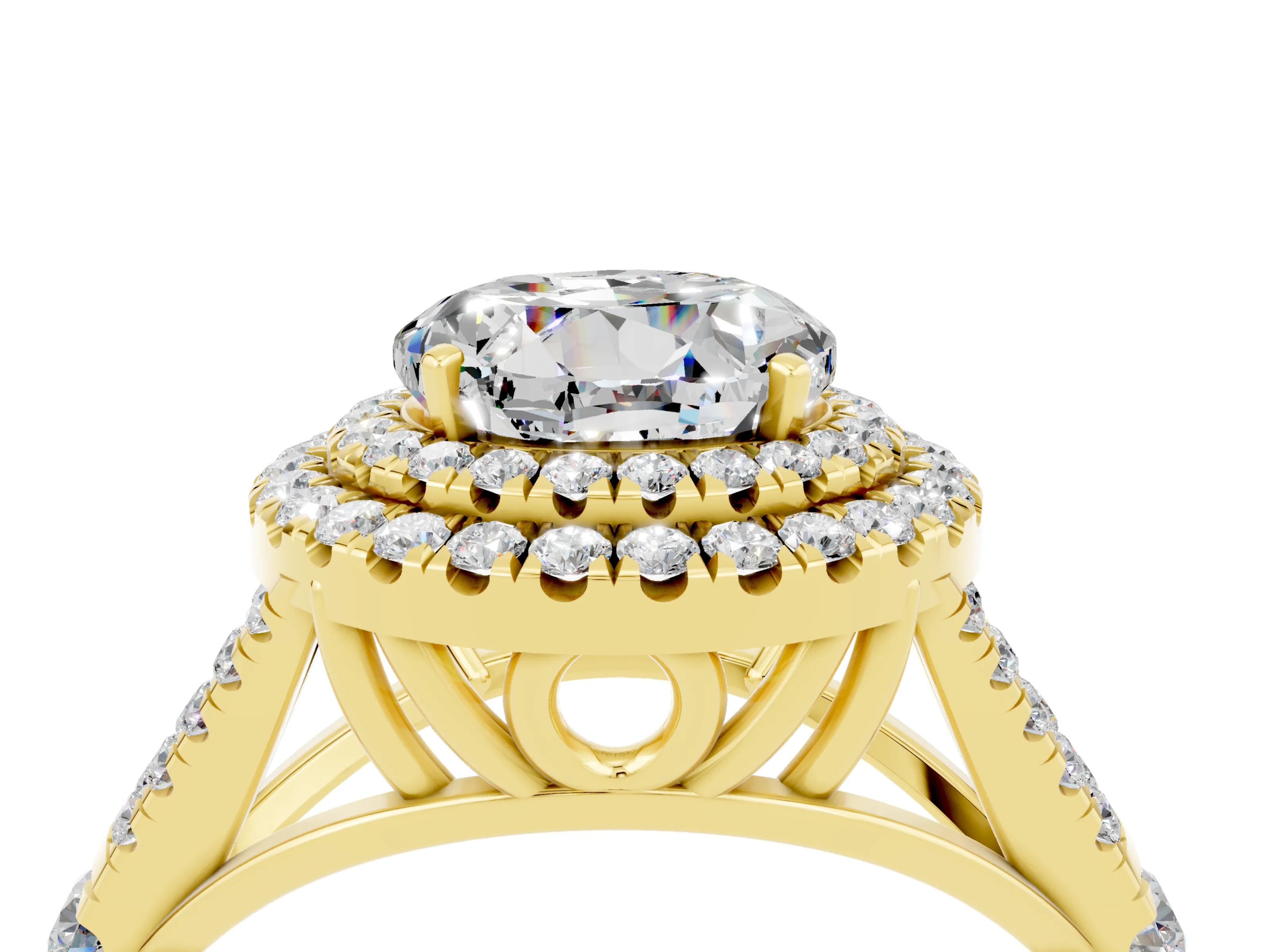Yellow gold Round Cut Moissanite Pavé Split Shank Double Halo Engagement Ring_4
