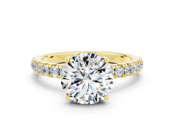 Yellow gold Round Cut Moissanite Pave Band Solitaire Ring with Round  and Prong Setting