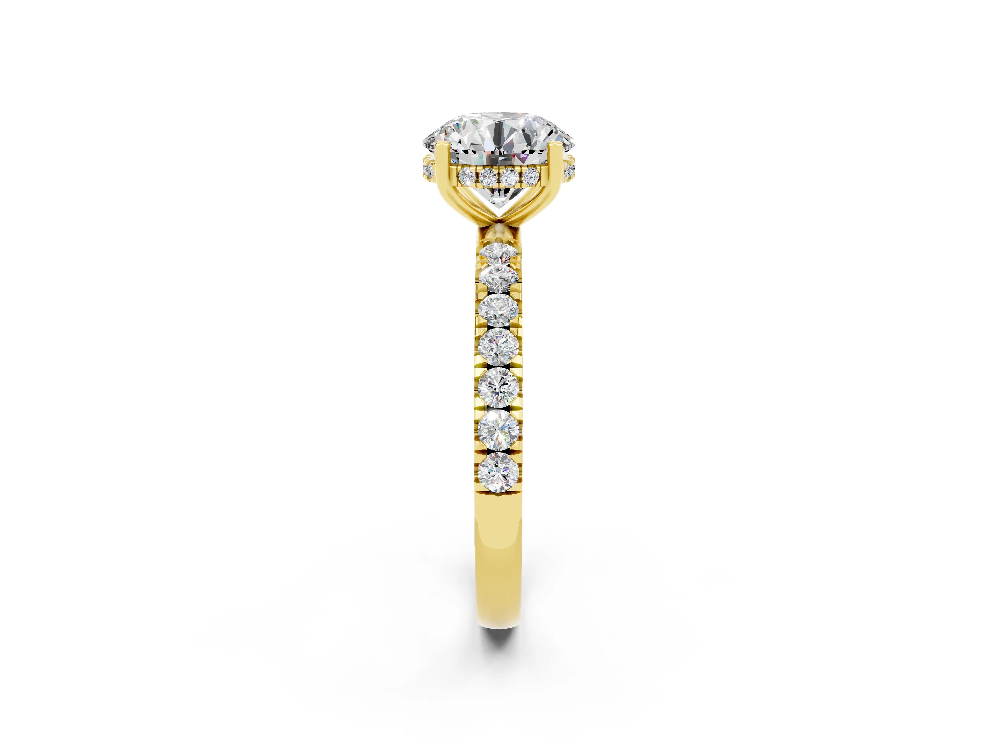 Yellow gold Round Cut Moissanite Pave Band Solitaire Ring with Four-Prong Setting_26