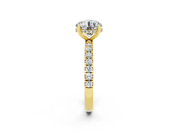 Yellow gold Round Cut Moissanite Pave Band Solitaire Ring with Round  and Prong Setting