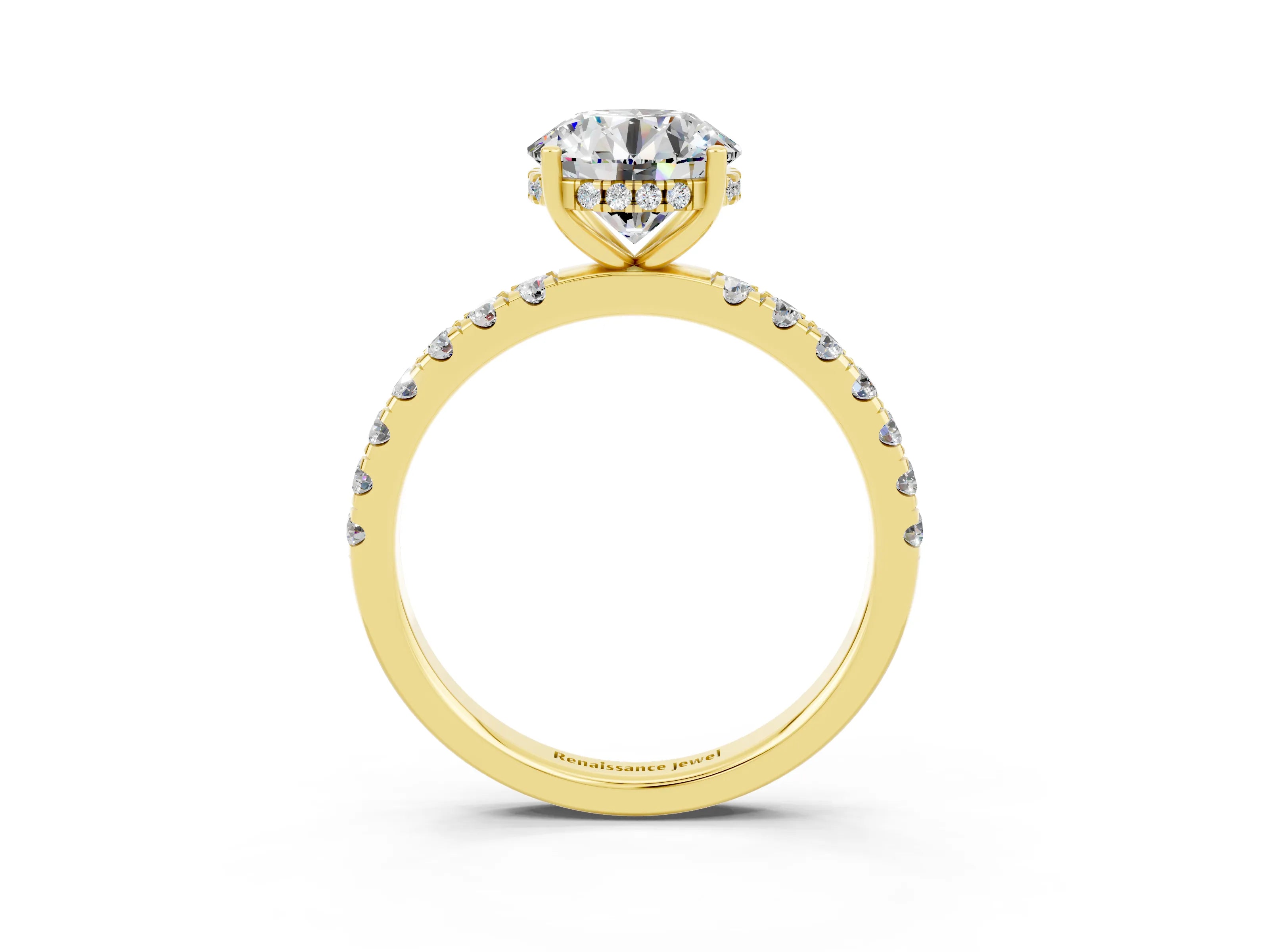 Yellow gold Round Cut Moissanite Pave Band Solitaire Ring with Four-Prong Setting_27