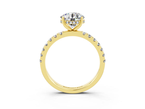 Yellow gold Round Cut Moissanite Pave Band Solitaire Ring with Round  and Prong Setting