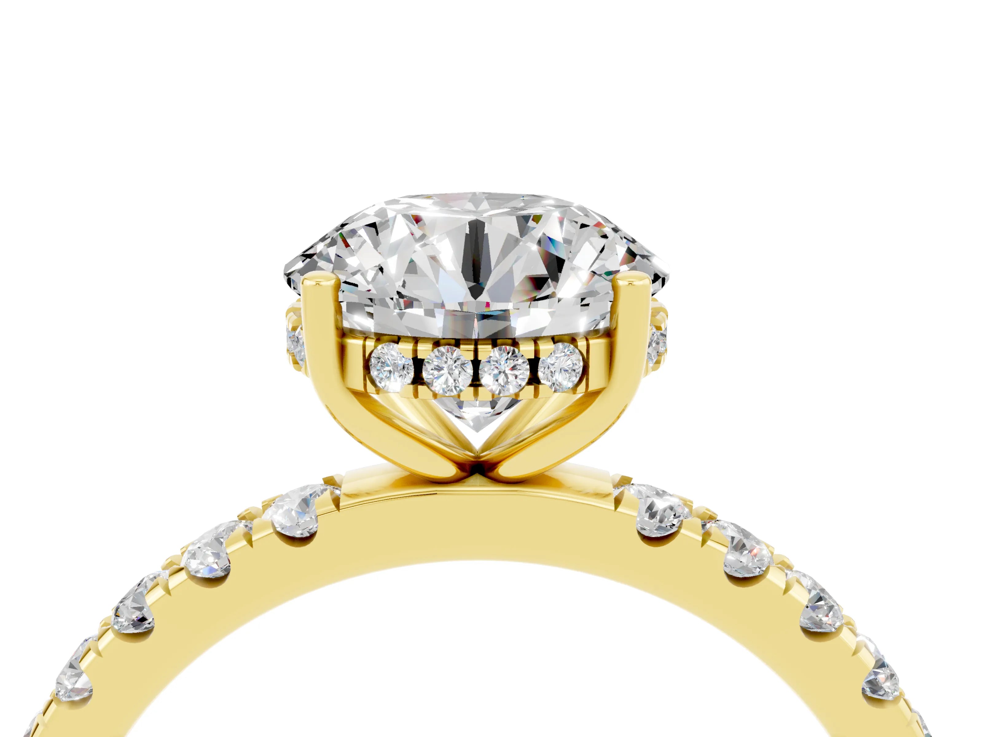 Yellow gold Round Cut Moissanite Pave Band Solitaire Ring with Four-Prong Setting_28