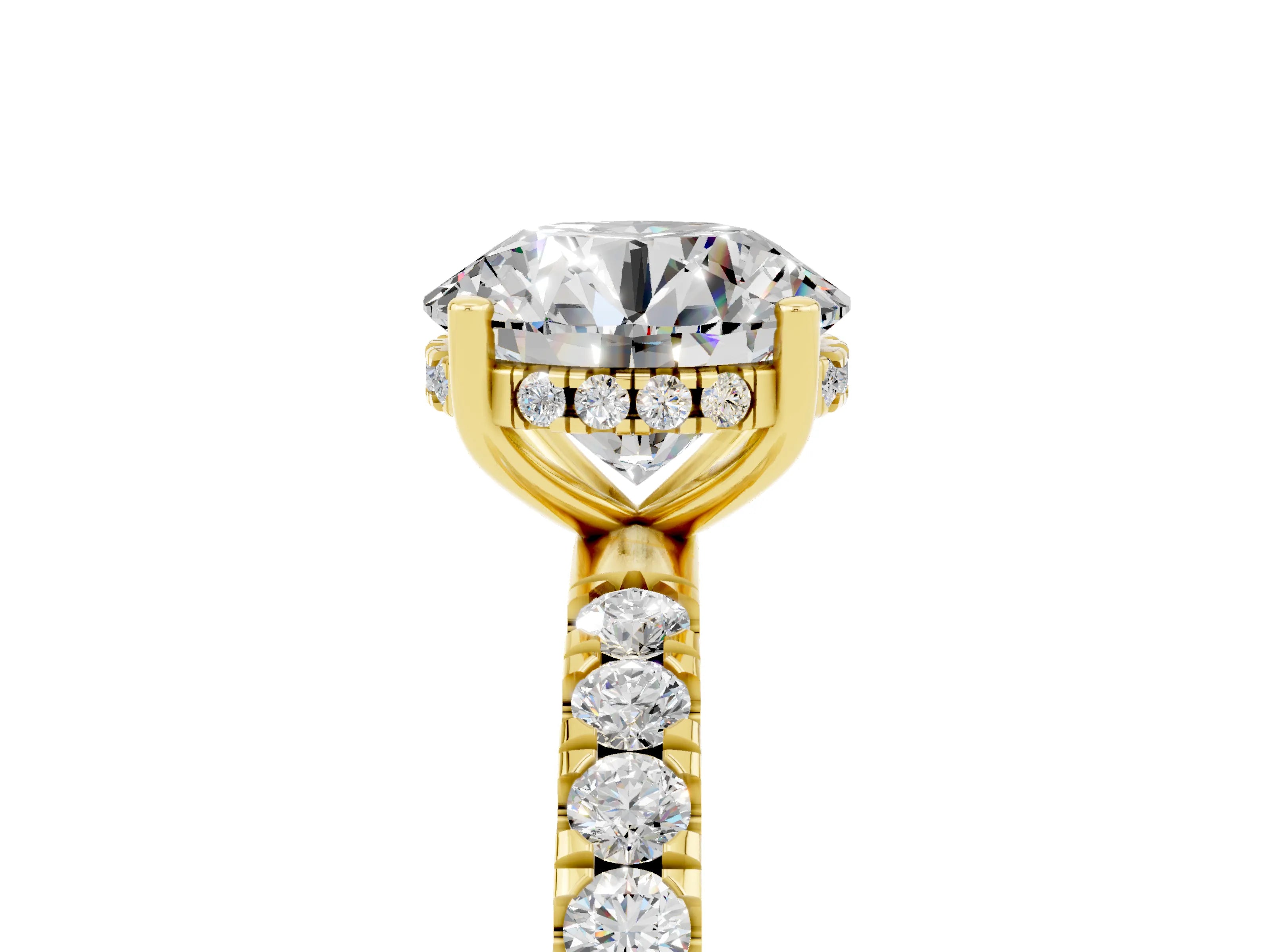 Yellow gold Round Cut Moissanite Pave Band Solitaire Ring with Four-Prong Setting_29