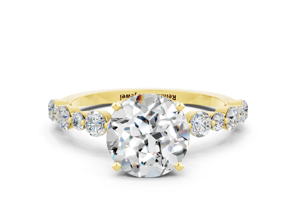 Yellow gold Round Cut Moissanite Prong Set Engagement Ring with Pavé Band