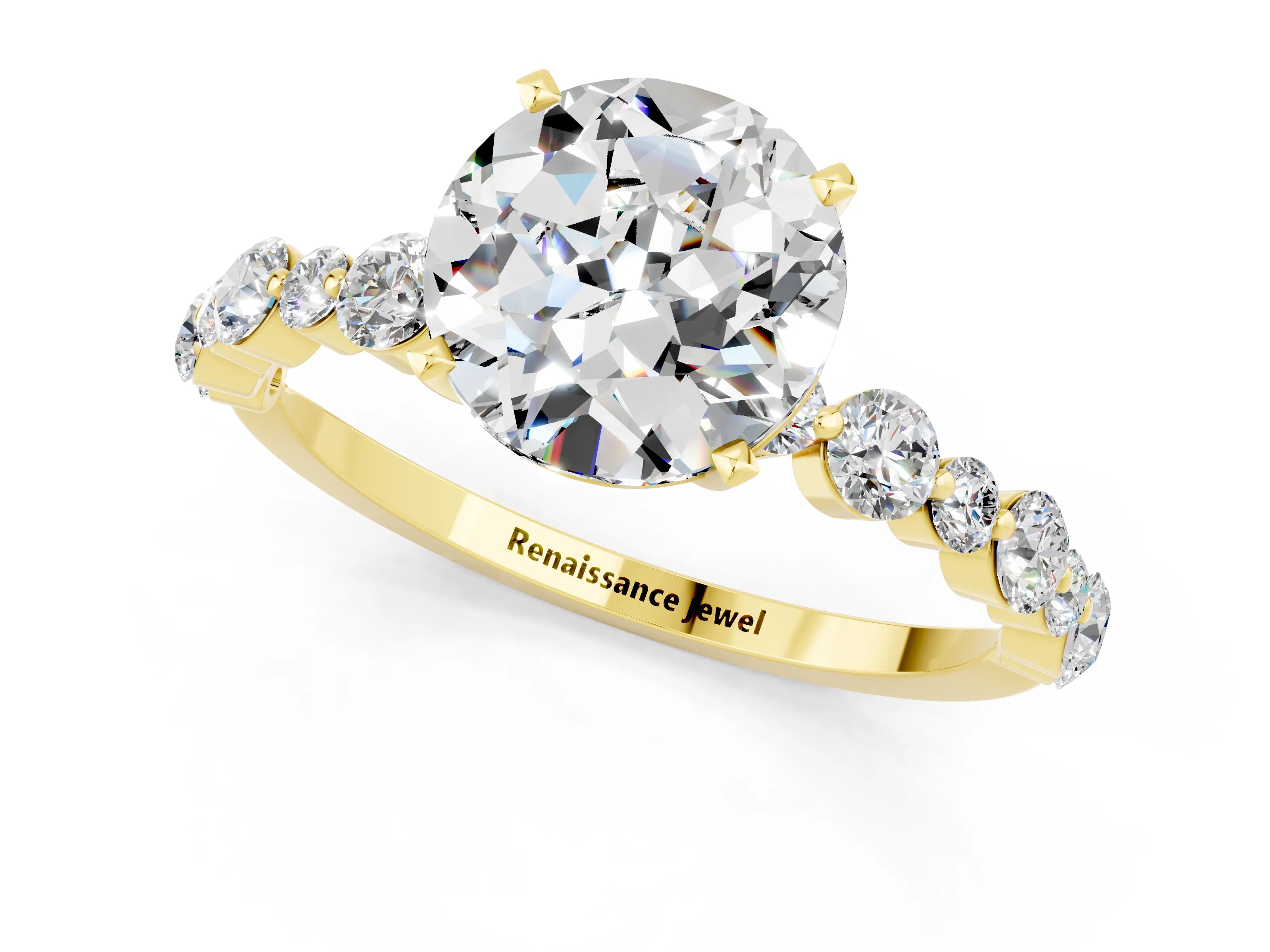 Yellow gold Round Cut Moissanite Prong Set Engagement Ring with Pavé Band_1