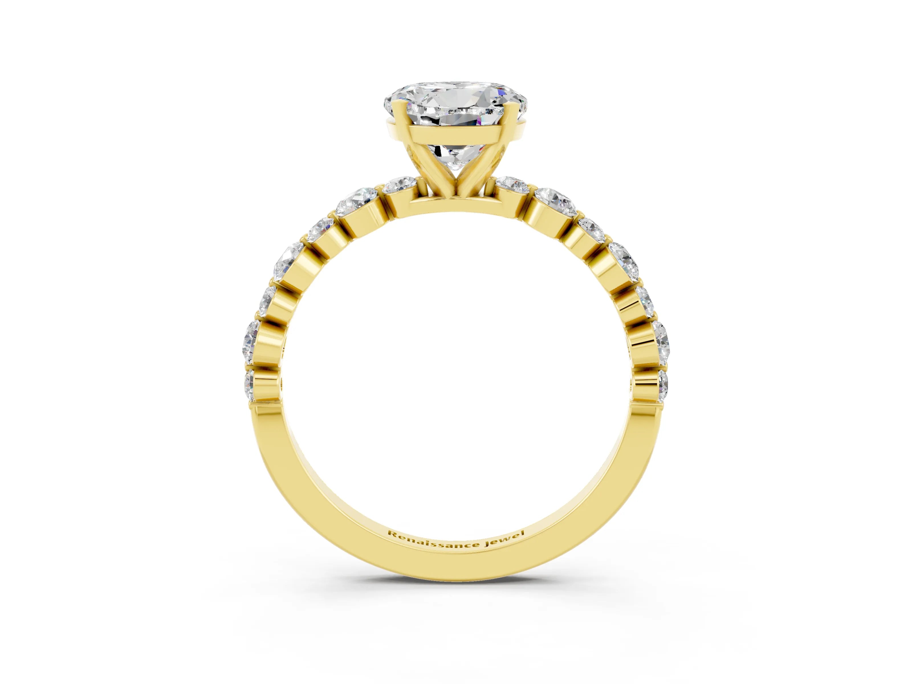 Yellow gold Round Cut Moissanite Prong Set Engagement Ring with Pavé Band_3