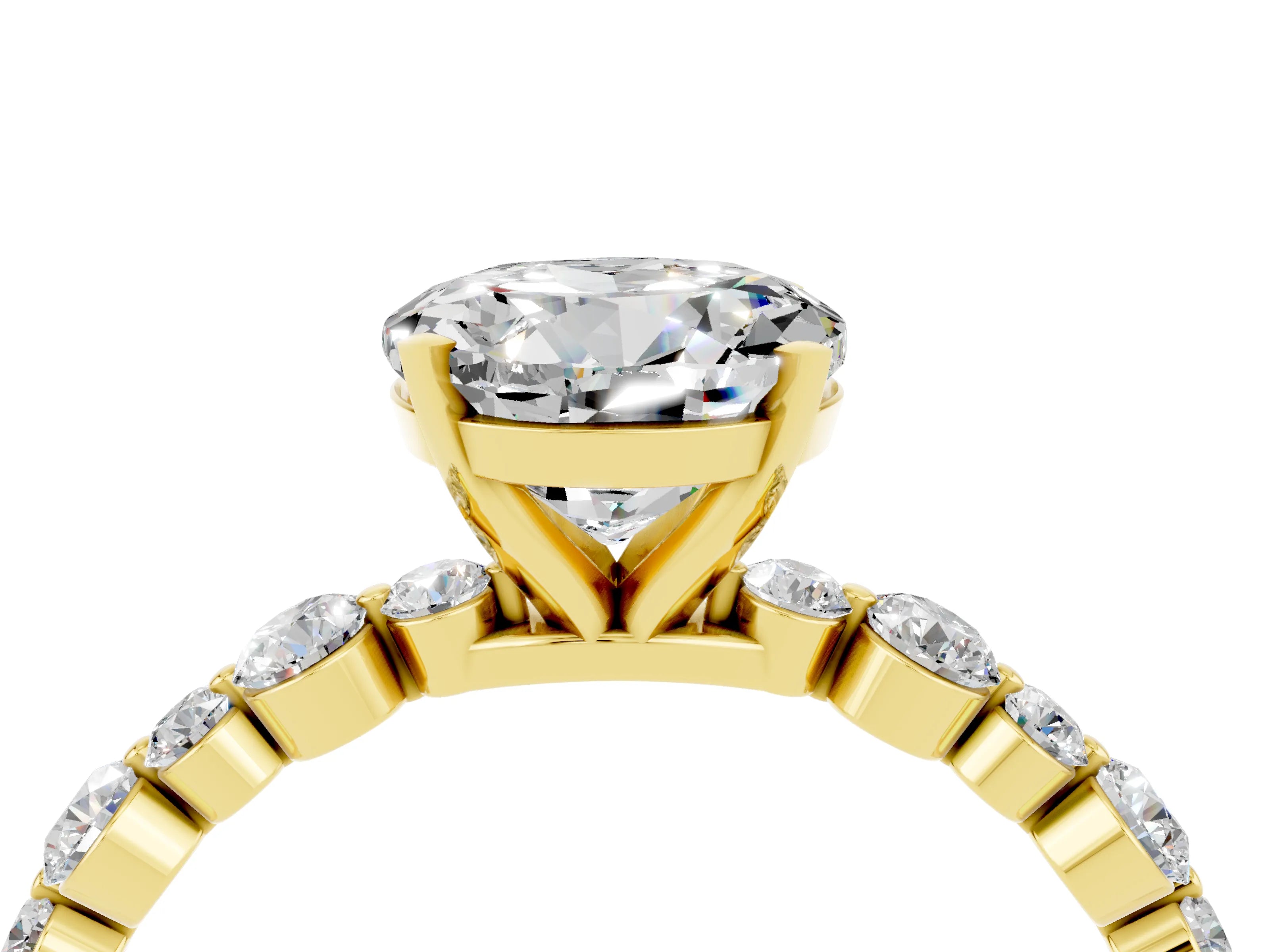 Yellow gold Round Cut Moissanite Prong Set Engagement Ring with Pavé Band_4