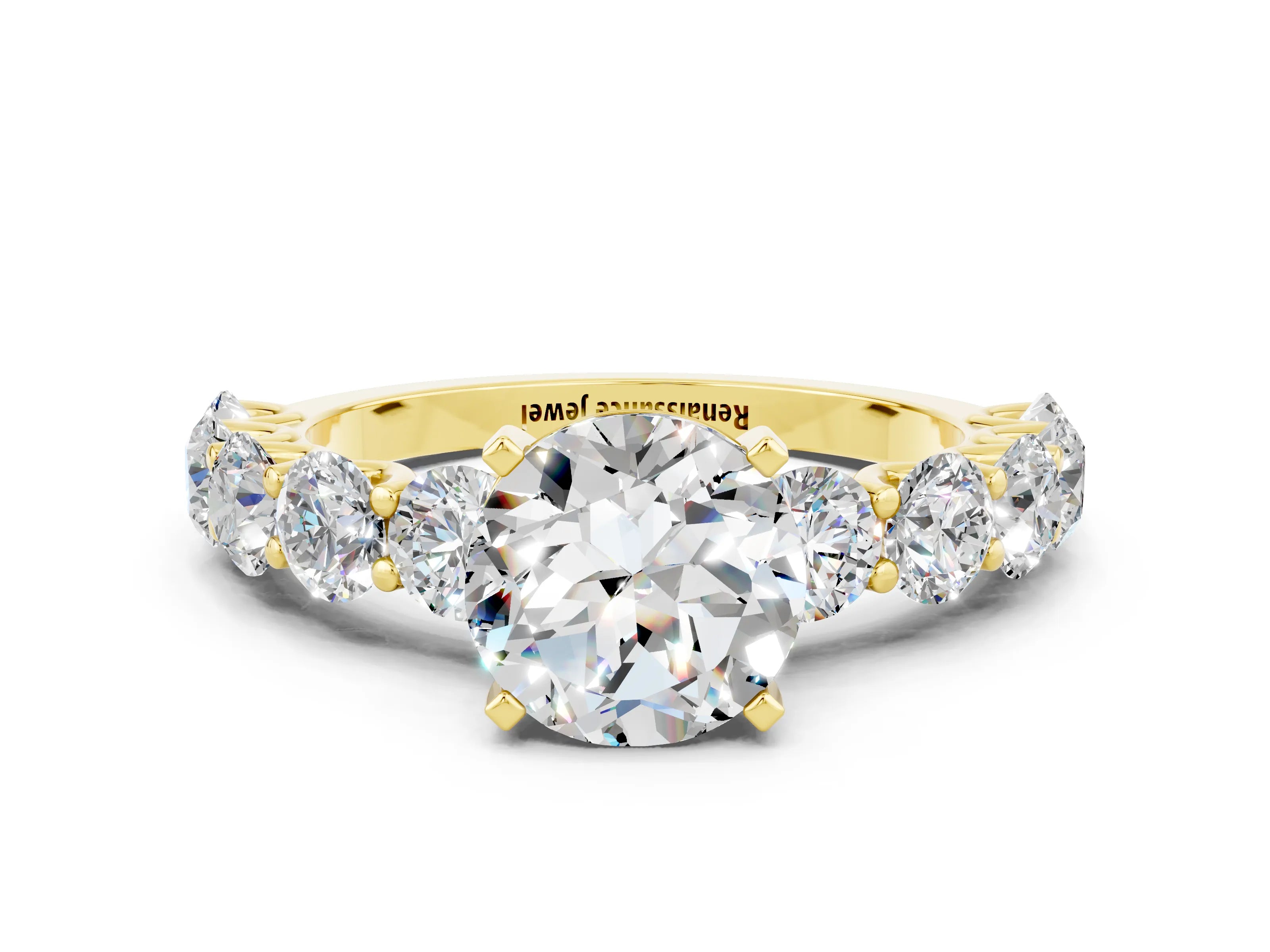 Yellow gold Round Cut Moissanite Prong Setting with Side Stones on a Pave Band