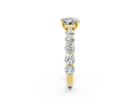 Yellow gold Round Cut Moissanite Prong Setting with Side Stones on a Pave Band_2