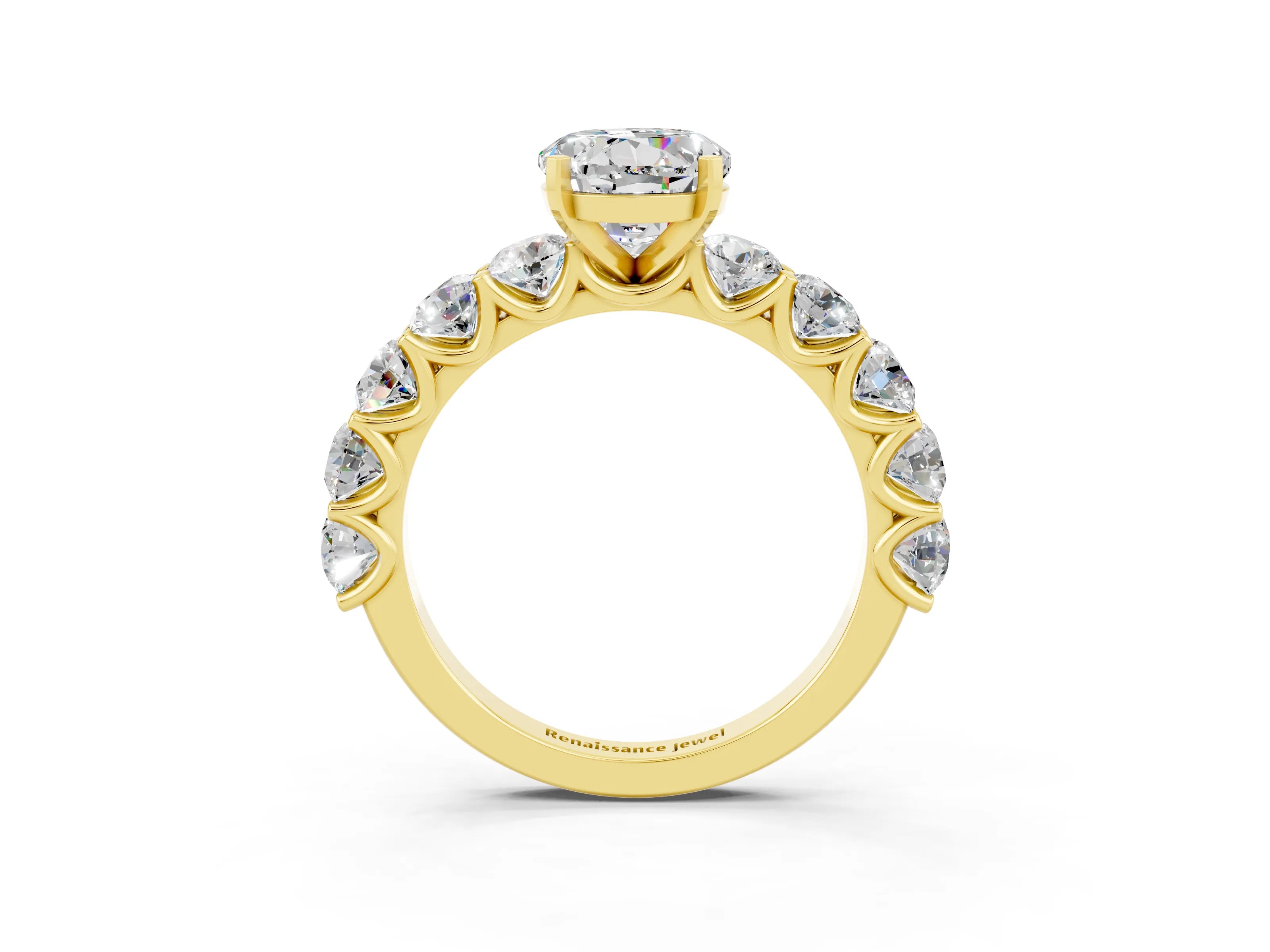 Yellow gold Round Cut Moissanite Prong Setting with Side Stones on a Pave Band_3