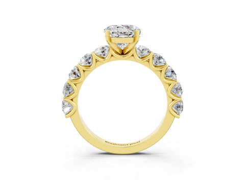 Yellow gold Round Cut Moissanite Prong Setting with Side Stones on a Pave Band_3