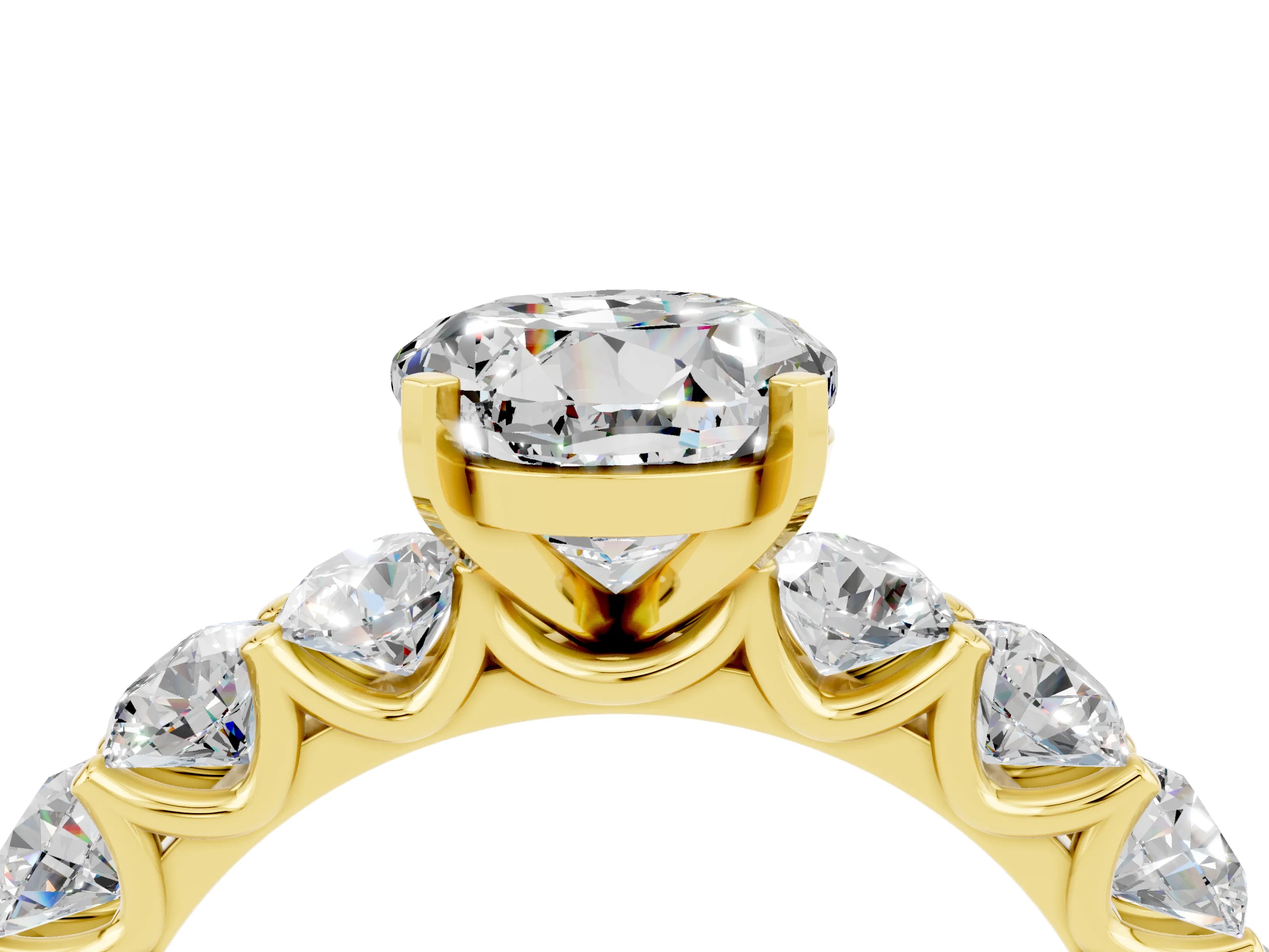 Yellow gold Round Cut Moissanite Prong Setting with Side Stones on a Pave Band_4