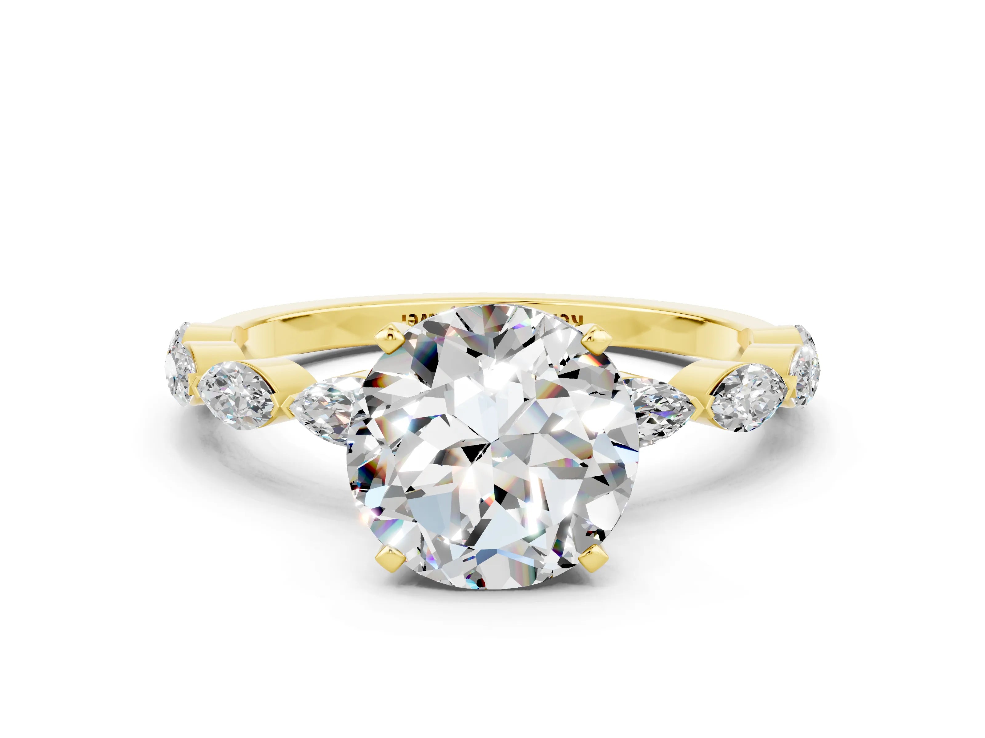 Yellow gold Round Cut Moissanite Ring with Marquise Side Stones and Prong Setting