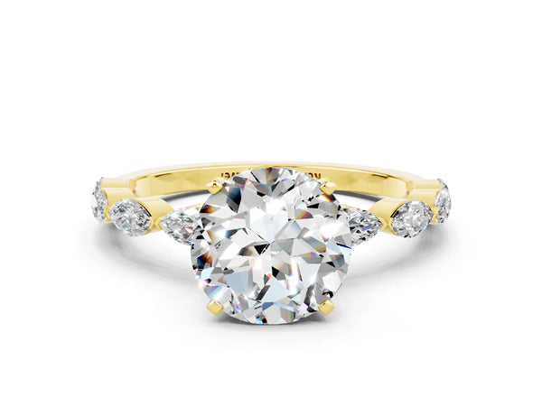 Yellow gold Round Cut Moissanite Ring with Marquise Side Stones and Prong Setting