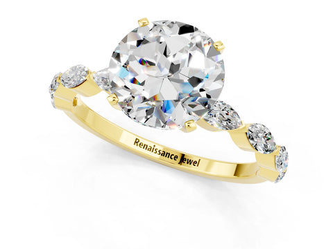 Yellow gold Round Cut Moissanite Ring with Marquise Side Stones and Prong Setting_1