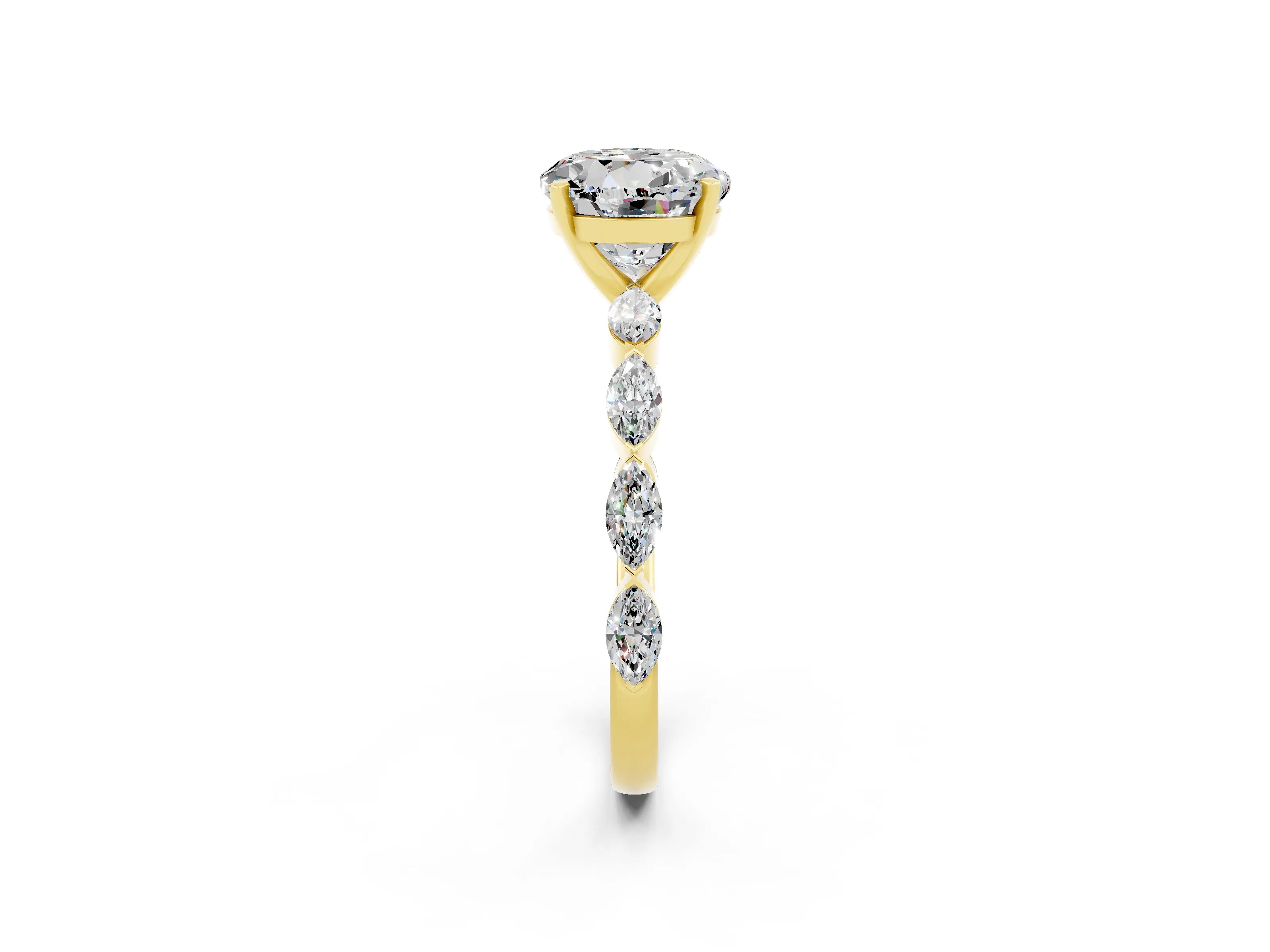 Yellow gold Round Cut Moissanite Ring with Marquise Side Stones and Prong Setting_2