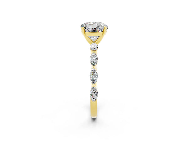 Yellow gold Round Cut Moissanite Ring with Marquise Side Stones and Prong Setting