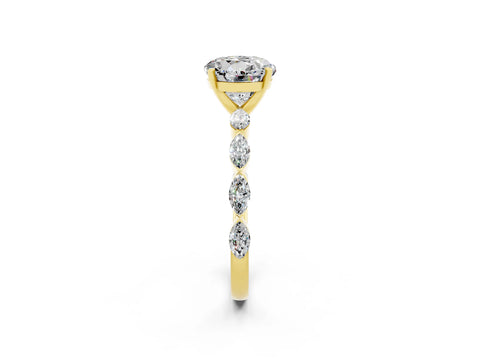 Yellow gold Round Cut Moissanite Ring with Marquise Side Stones and Prong Setting_2