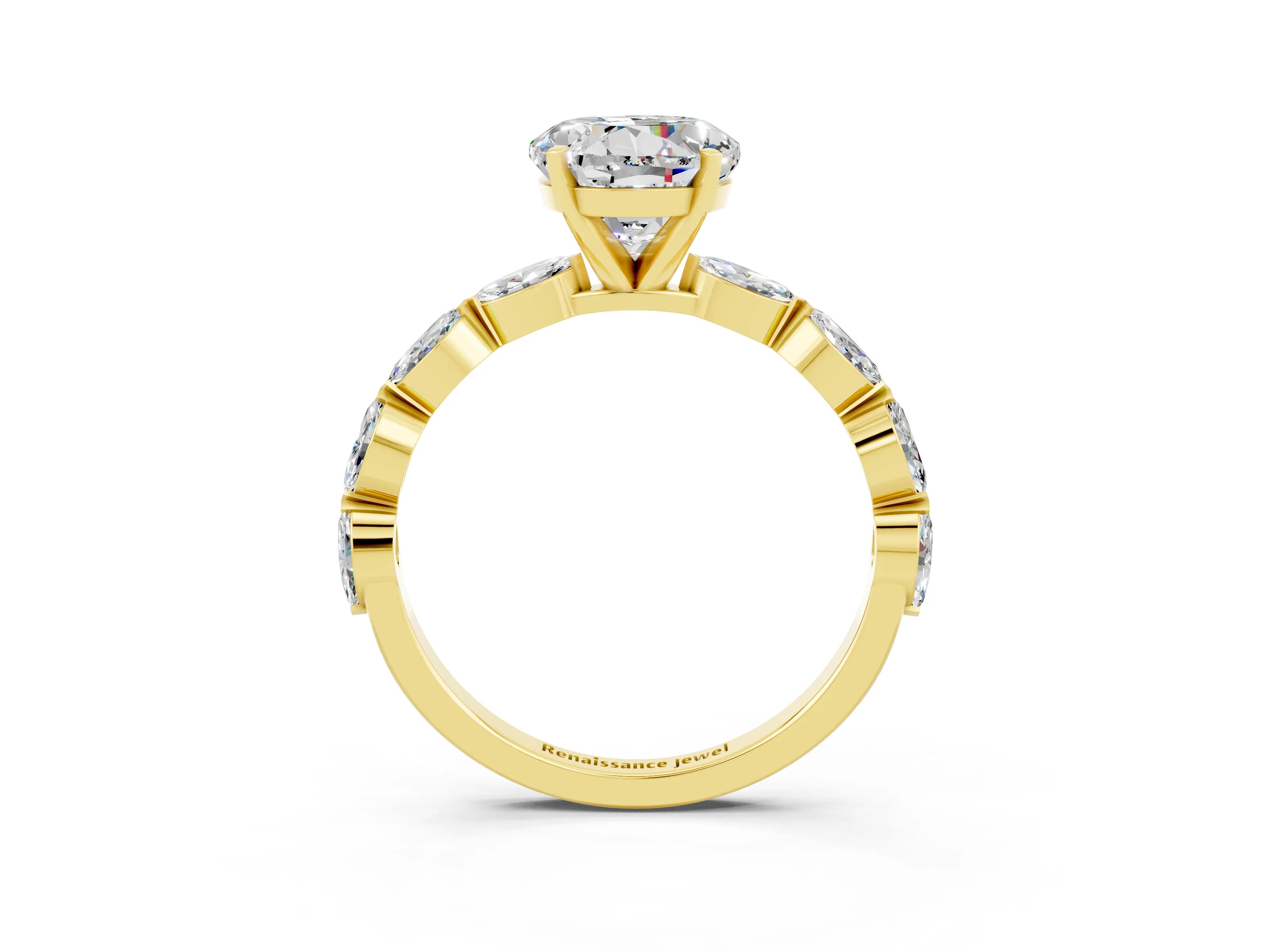 Yellow gold Round Cut Moissanite Ring with Marquise Side Stones and Prong Setting_3