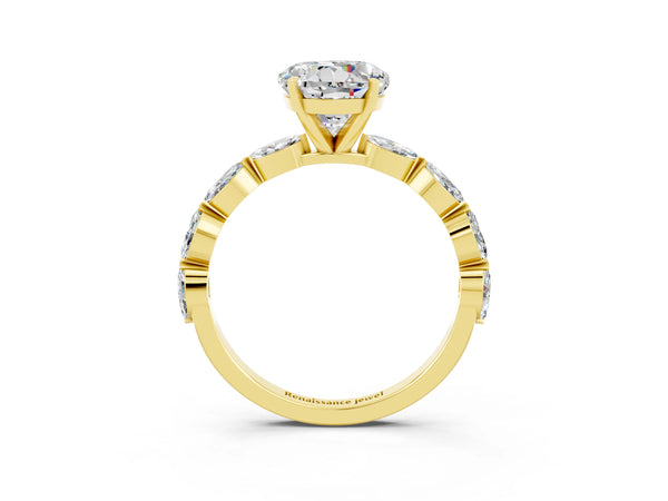 Yellow gold Round Cut Moissanite Ring with Marquise Side Stones and Prong Setting