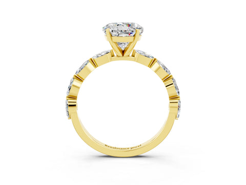 Yellow gold Round Cut Moissanite Ring with Marquise Side Stones and Prong Setting_3