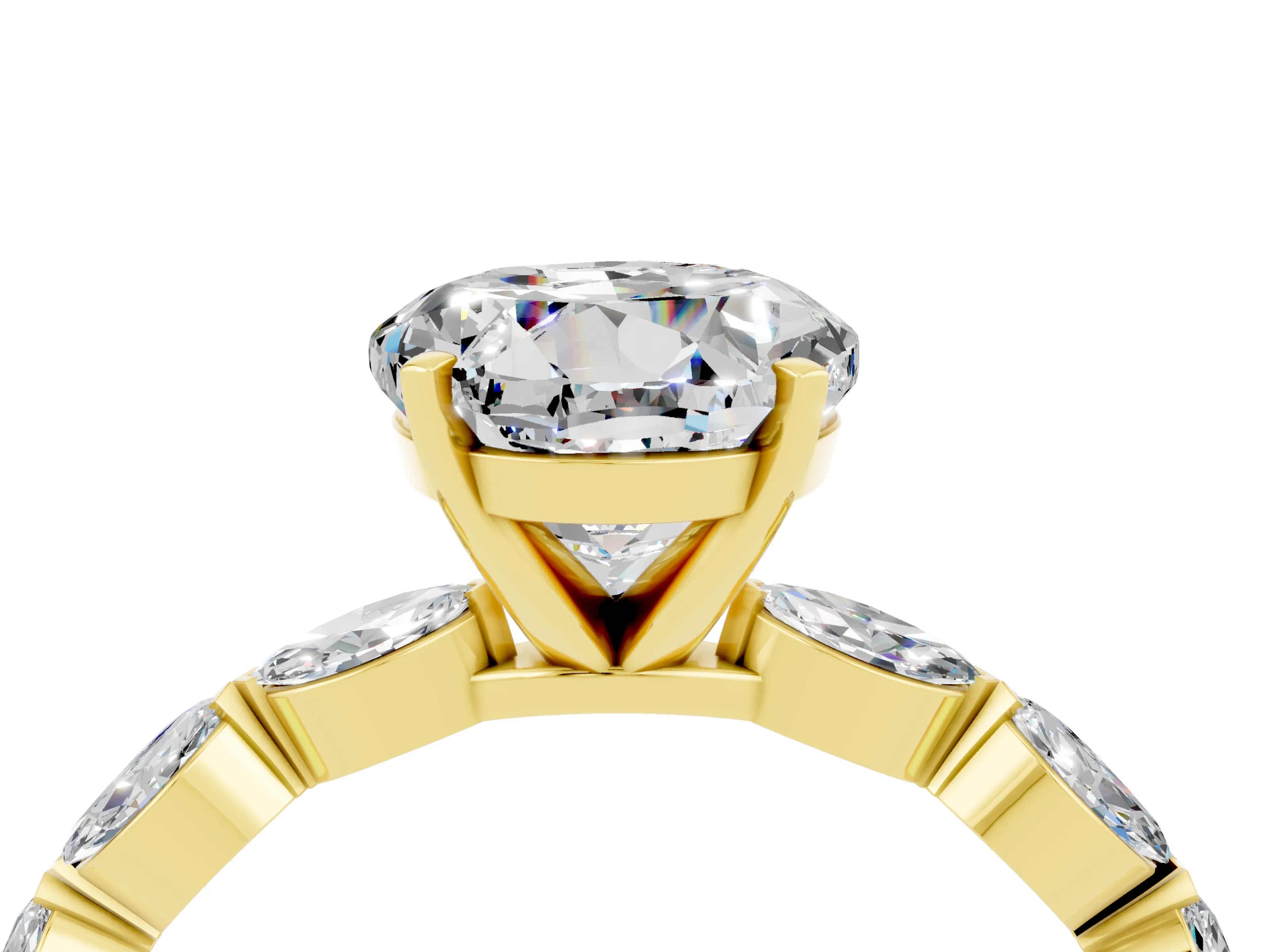 Yellow gold Round Cut Moissanite Ring with Marquise Side Stones and Prong Setting_4