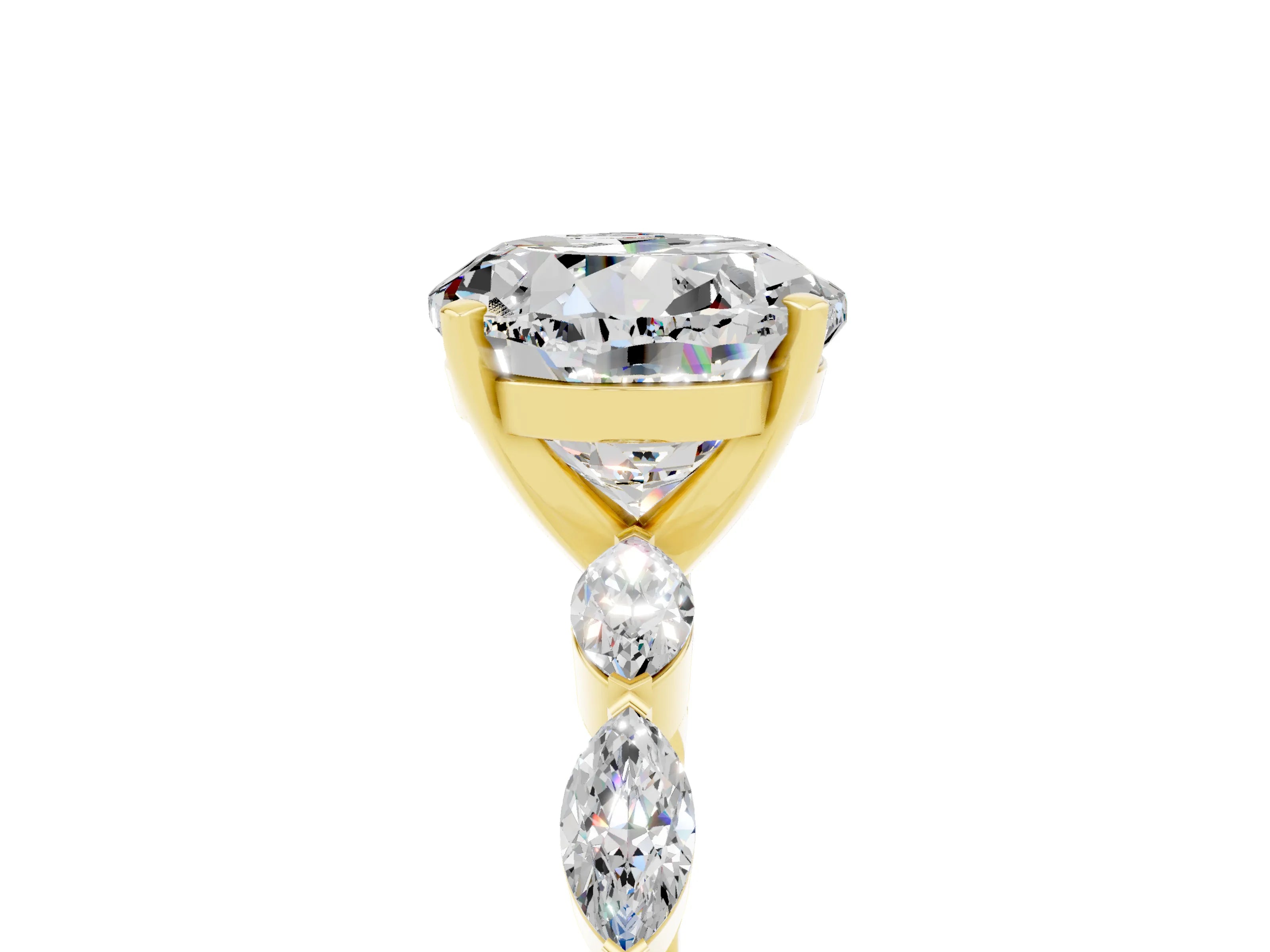 Yellow gold Round Cut Moissanite Ring with Marquise Side Stones and Prong Setting_5