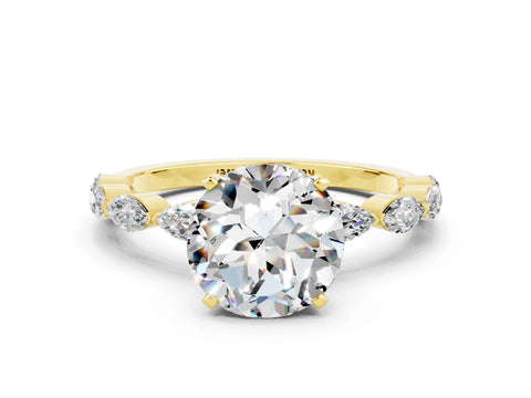Yellow gold Round Cut Moissanite Ring with Marquise Side Stones and Prong Setting
