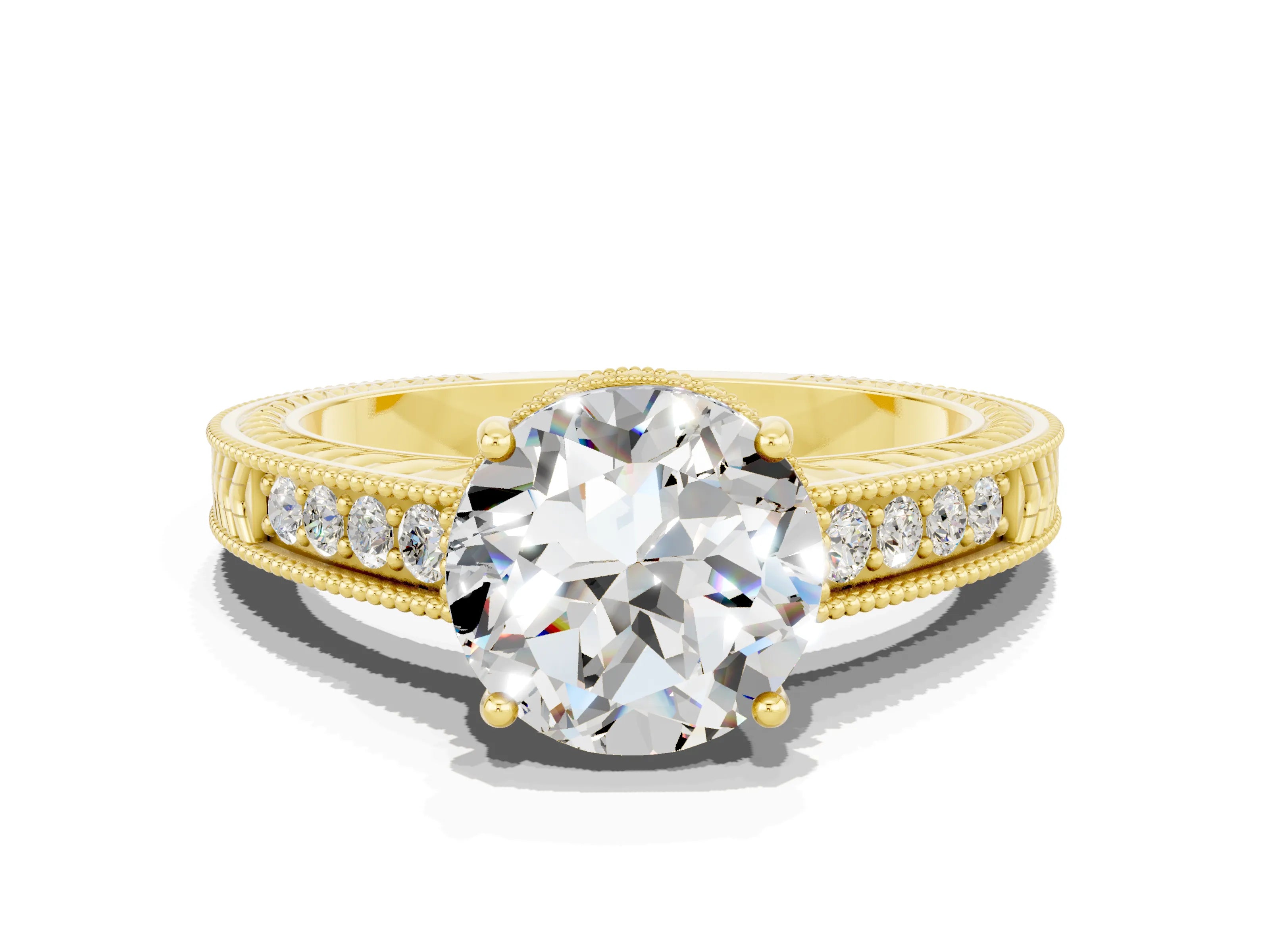 Yellow gold Round Cut Moissanite Ring with Milgrain Pavé Band and Four-Prong Setting_12