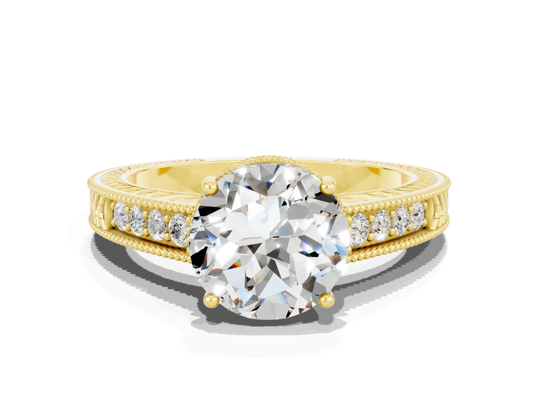Yellow gold Round Cut Moissanite Ring with Milgrain Pavé Band and Four-Prong Setting_12