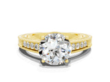 Yellow gold Round Cut Moissanite Ring with Milgrain Pavé Band and Four-Prong Setting_12